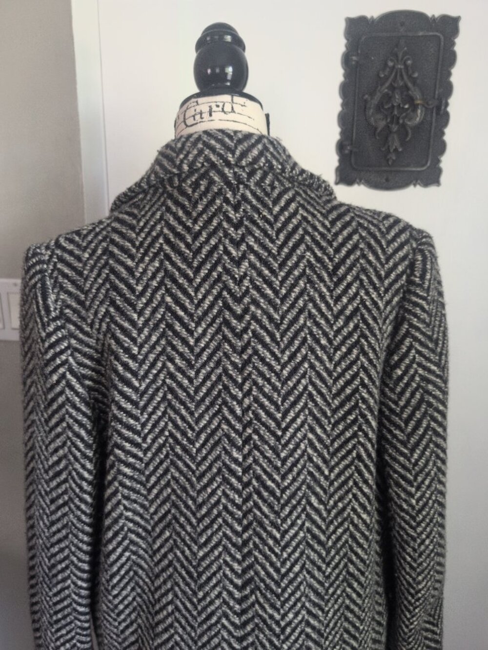 Retro Oversized Double Breasted Chevron Coat 100% Wool Sz 8 - Picture 10 of 13